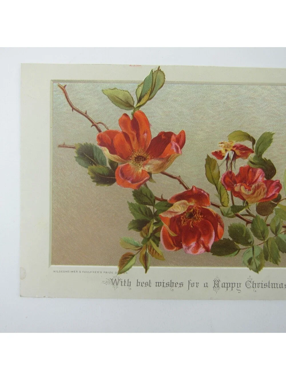 Victorian Christmas Card Red Orange Rose Flowers Hildesheimer & Faulkner Antique